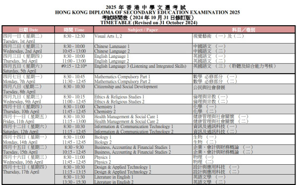 2025 年香港中學文憑考試時間表（圖片來源︰香港考試及評核局 截圖）