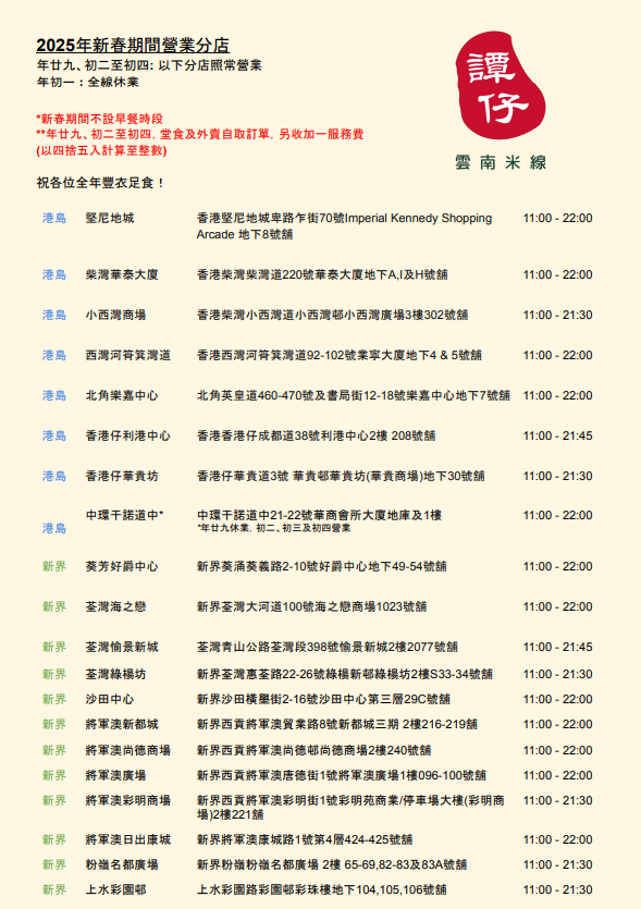 新年餐廳營業時間2025｜各大餐廳新年營業時間一覽！多間連鎖餐廳照常營業／初一譚仔全線休息