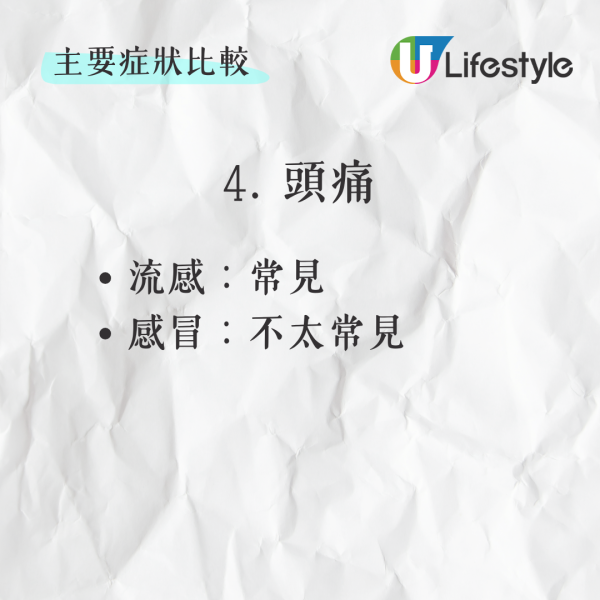 4. 頭痛：   - 流感：常見   - 感冒：不太常見