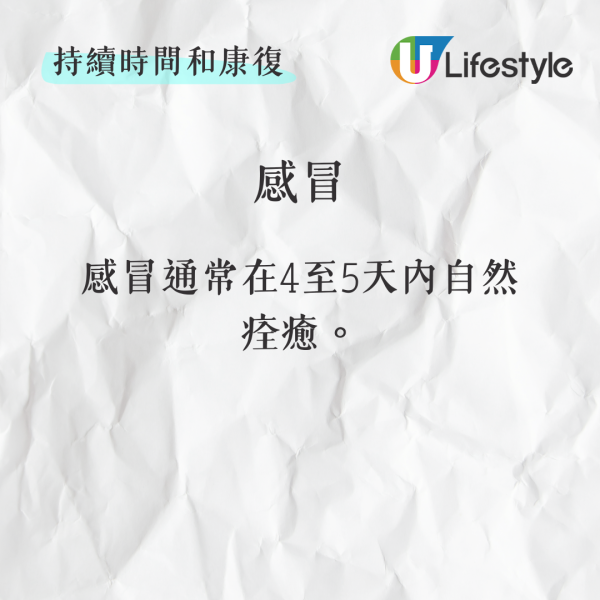 持續時間和康復感冒通常在4至5天內自然痊癒。流感症狀則可能持續較長時間，需要1-2週才能完全恢復。