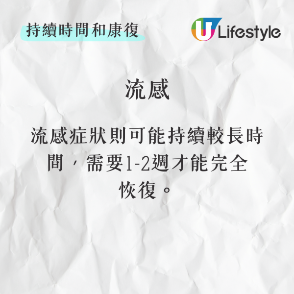 持續時間和康復感冒通常在4至5天內自然痊癒。流感症狀則可能持續較長時間，需要1-2週才能完全恢復。