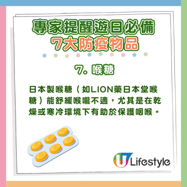 7. 喉糖:日本製喉糖(如LION藥日本堂喉糖)能舒緩喉嚨不適,尤其是在乾燥或寒冷環境下有助於保護咽喉。 專家推薦遊日必備7大防疫物品
