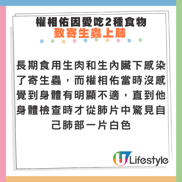 權相佑因愛吃2種食物致寄生蟲上肺 照肺驚見一片白 嚇怕不敢再食！ 