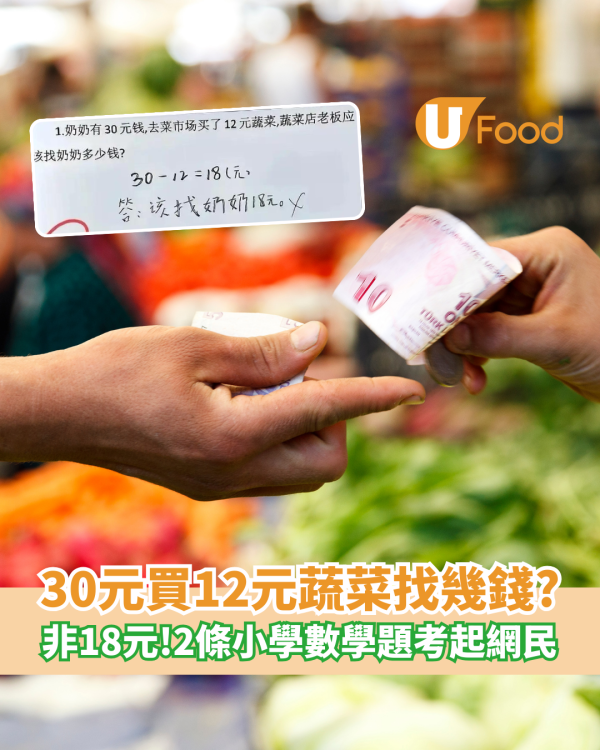 30元買12元蔬菜找幾錢？ 答案非18元！2條小學數學題考起網民