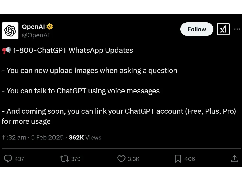 ChatGPT WhatsApp 有新功能 容許用家 Send 圖及語音訊息