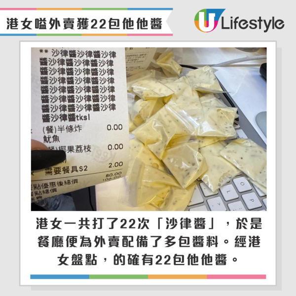 外賣落單一句話 獲送22包沙律醬！醬料鋪滿枱頭 港女：實現沙律醬自由！