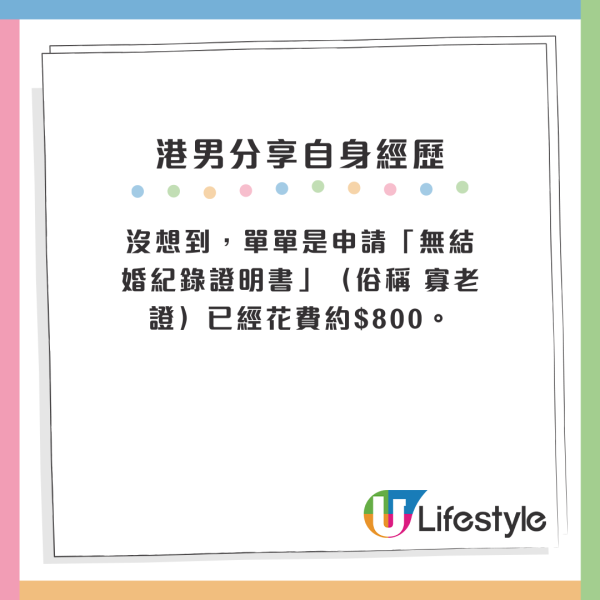 沒想到,單單是申請「無結婚紀錄證明書」(俗稱 寡老證)已經花費約$800。 沒想到,單單是申請「無結婚紀錄證明書」(俗稱 寡老證)已經花費約$800。