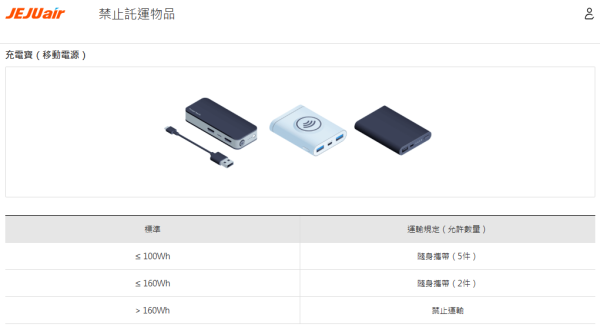 濟州航空登機行動電源（尿袋）規定。（圖片來源︰濟州航空）