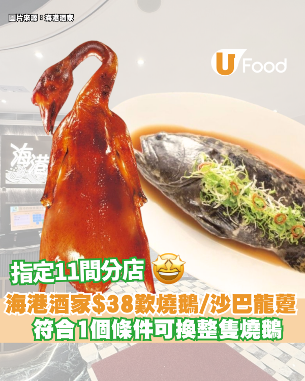 海港酒家優惠$38菜式優惠  招牌燒鵝/清蒸沙巴龍躉 指定分店供應! 即看優惠詳情!