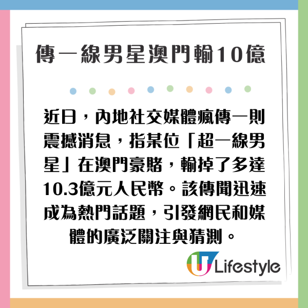 涉澳門賭輸10億「頂級一線男星」身份揭盅 因擾亂公共秩序被警方行政拘留