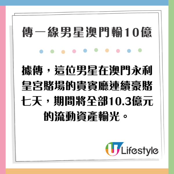 涉澳門賭輸10億「頂級一線男星」身份揭盅 因擾亂公共秩序被警方行政拘留