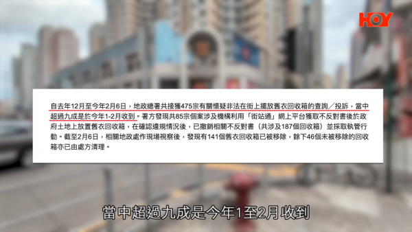 地政總署表示，自去年12月至今年2月初，共接獲475宗有關懷疑非法在街上擺放舊衣回收箱的查詢或投訴。