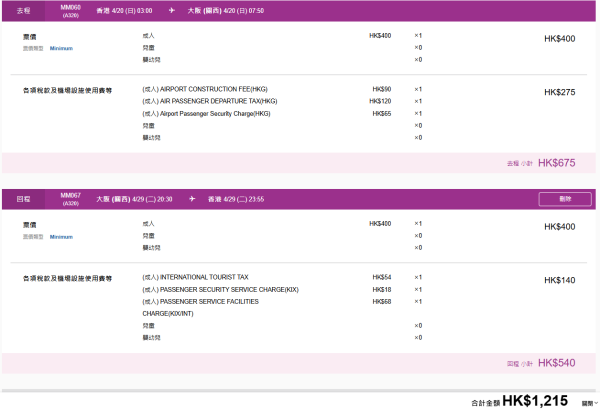 Peach限時大阪機票優惠每程0起!來回連稅最平15起