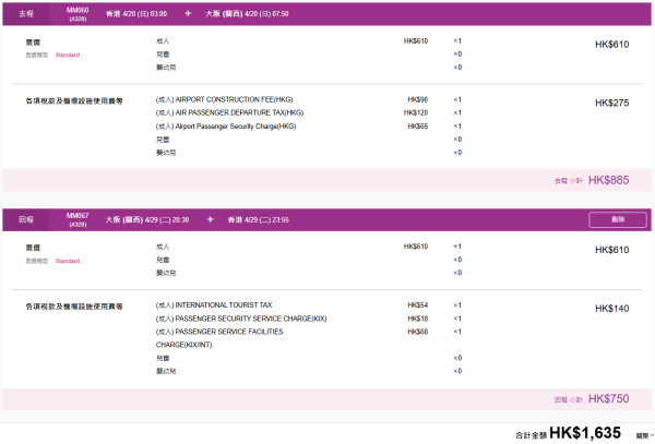 Peach限時大阪機票優惠每程0起!來回連稅最平15起