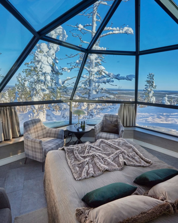 芬蘭浪漫玻璃圓頂冰屋 零死角欣賞唯美極光/雪景 