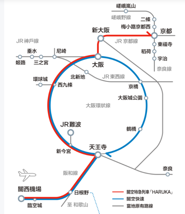 HARUKA號的詳細路線與停靠站點（圖片︰westjr.co.jp）