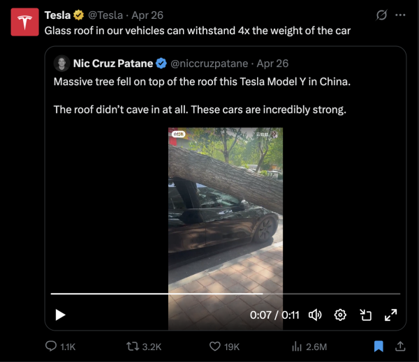 Tesla稱Model Y玻璃可承受4倍重量 大樹壓車頂竟然這樣？