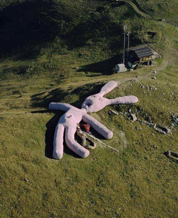 意大利60米長粉紅巨兔獨守山坡20年 未被呵護今剩殘骸腐爛剩皮 