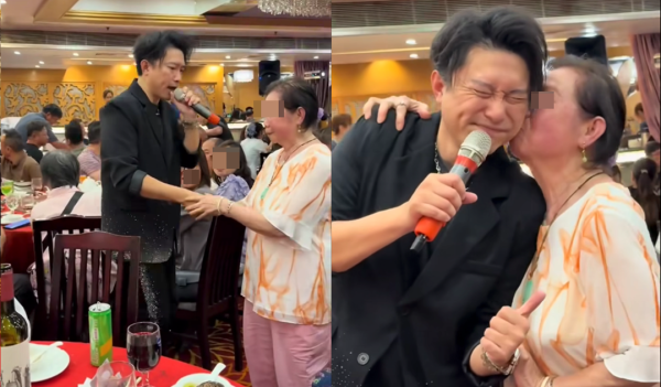阿婆似乎並不滿足，她露出一副春心蕩漾的表情，一再示意禢振華要「回敬」一個吻。