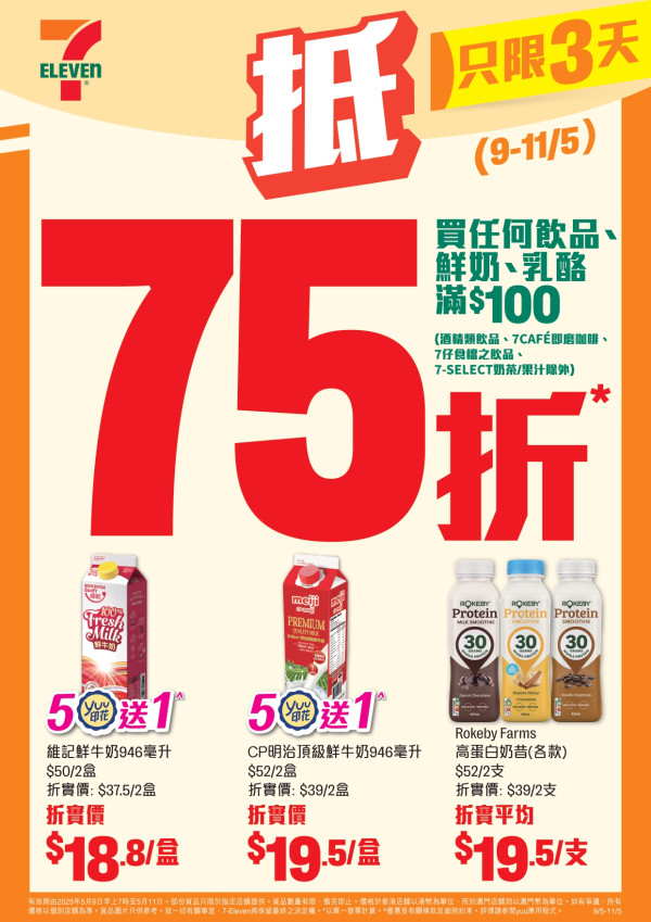 7-Eleven限時3天激抵優惠！烏龍茶/可樂/鮮奶等飲品滿$100享75折