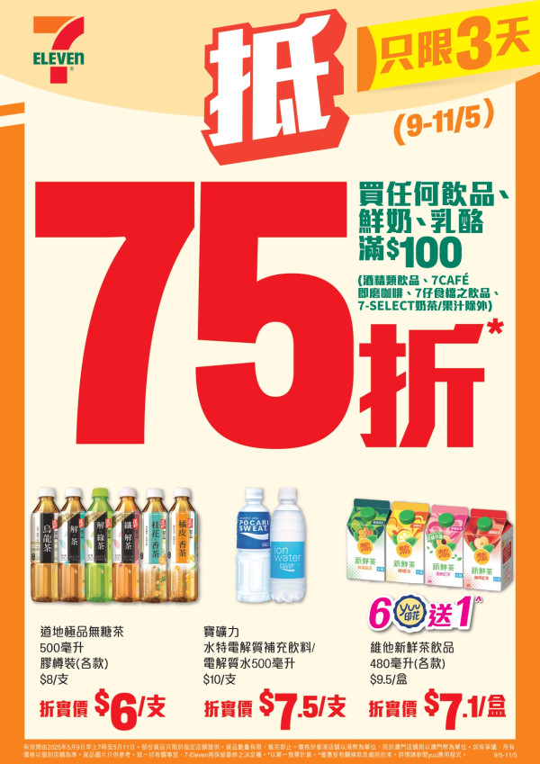 7-Eleven限時3天激抵優惠！烏龍茶/可樂/鮮奶等飲品滿$100享75折