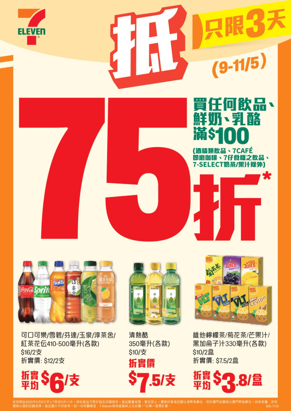 7-Eleven限時3天激抵優惠！烏龍茶/可樂/鮮奶等飲品滿$100享75折