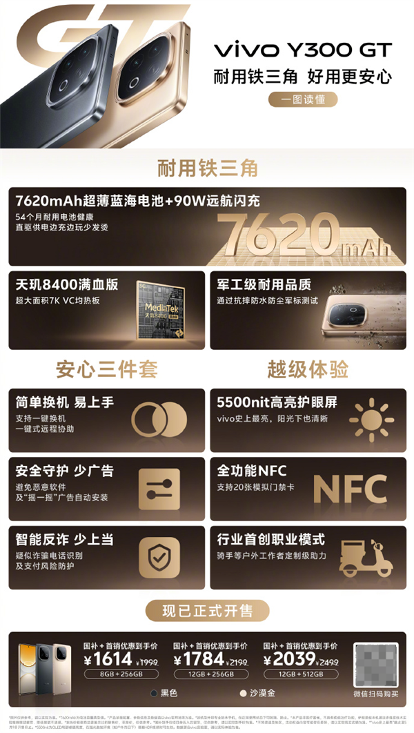 國家補貼｜vivo Y300 GT開售 破紀錄7620mAh超大電量僅售價¥1614起