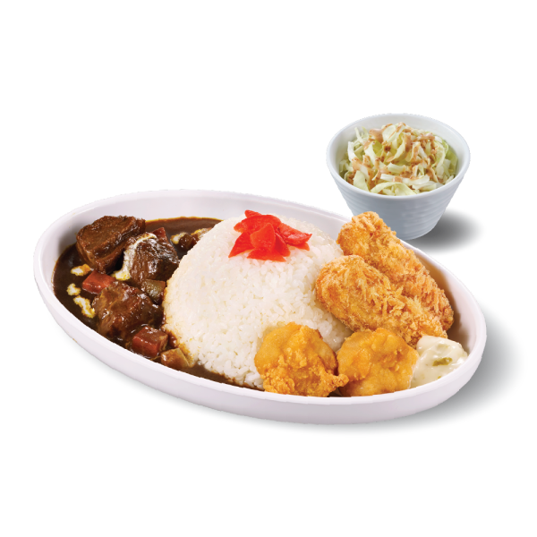 一口脆爆厚切豚皇拼脆脆炸雞及黑咖喱牛面肉飯（下午5時30分起供應）單點 - $56套餐配熱飲 - $62套餐配熱飲及芒果大福 - $67