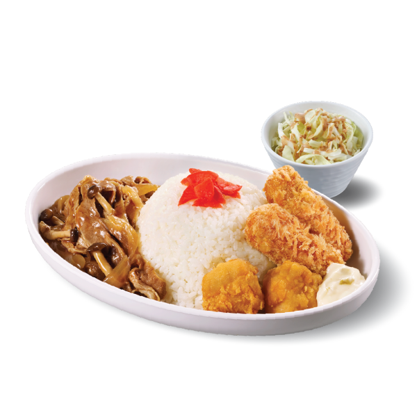 一口脆爆厚切豚皇拼脆脆炸雞及燒汁牛肉飯（​上午11時30分至下午2時供應）單點 - $54套餐配熱飲 - $60套餐配熱飲及芒果大福 - $65