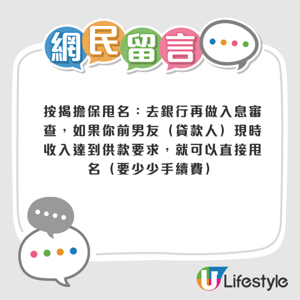 買樓按揭｜幫男友做按揭擔保人？港女分手後想甩名恐被拒...網民：佢唔郁你都甩唔到