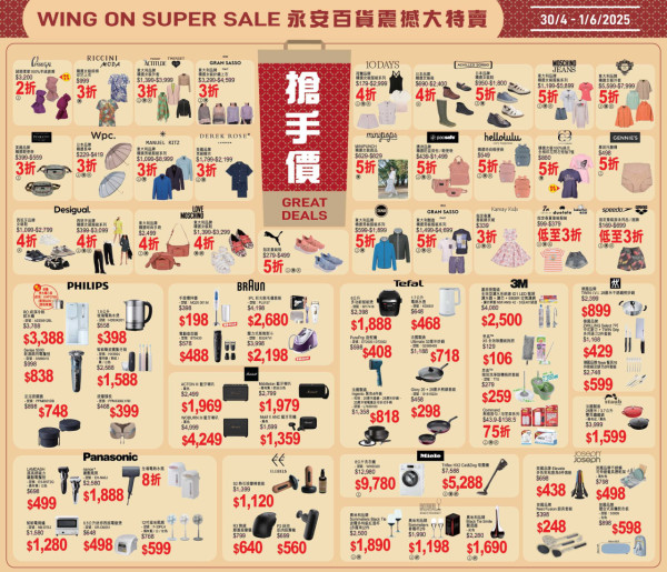 永安百貨震撼大減價低至3折！激抵家電/廚具/服飾送$100現金優惠券