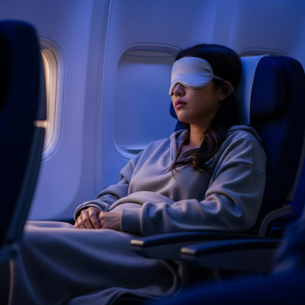 休息期間戴上眼罩，以阻擋機艙燈光。（AI製圖）