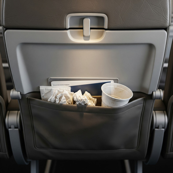 盡可能不碰座位前方的置物袋。（AI製圖）