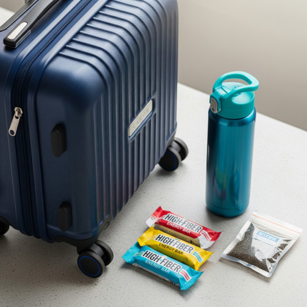 每次旅行時攜帶高纖維能量棒和飲料，或在行李中放一包奇亞籽。（AI製圖）