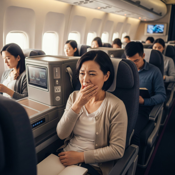 內地一名女子拔完智慧齒後3天搭飛機，起飛後不久，嘴裏開始爆出鮮血。（AI製圖）