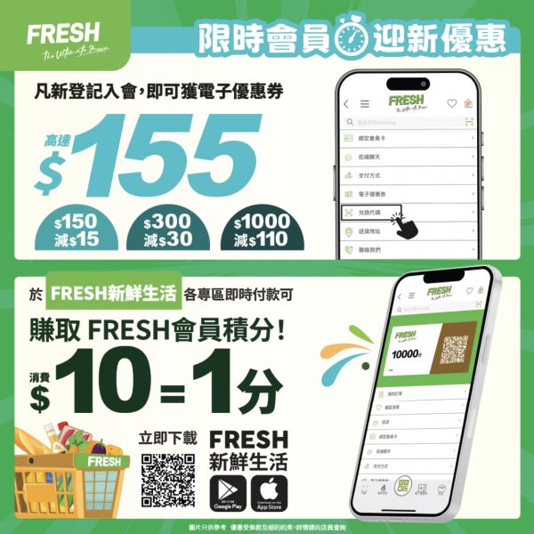 連鎖超市「FRESH新鮮生活」會員祭！入會送$155優惠券！精選食品買1送1／加$1換氣炸鍋