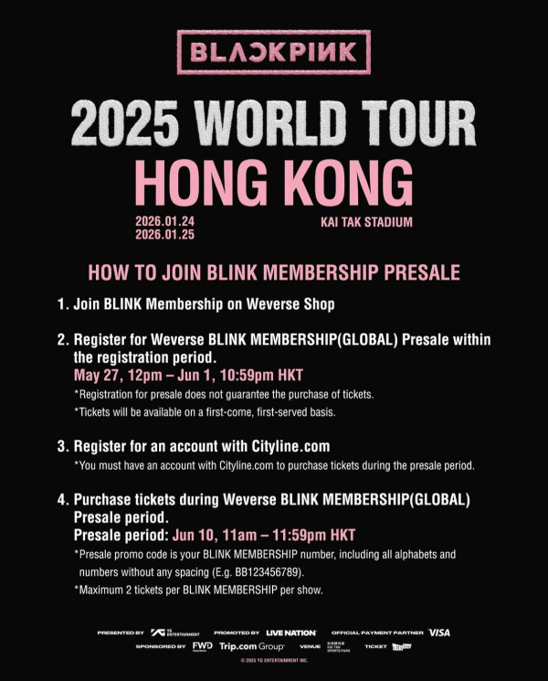 BLACKPINK香港演唱會2026︱首次進場啟德主場館 票價／開售日期／座位表（不斷更新）