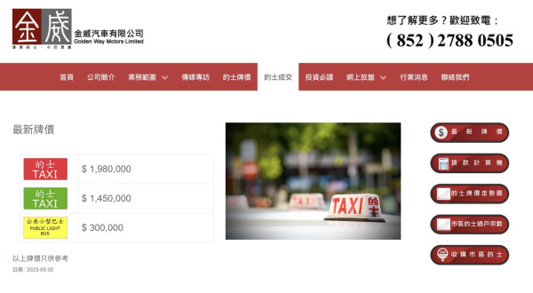 的士牌價7月谷底反彈 市區的士牌重見200萬 新界的士回升近20萬