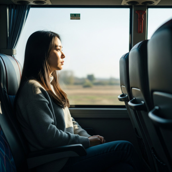 長途巴士車廂中部靠窗的座位較舒適，因為顛簸感極小，噪音亦較小。（AI製圖）