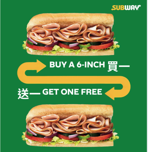 Subway推買1送1優惠！指定分店任選6吋潛艇堡/卷餅