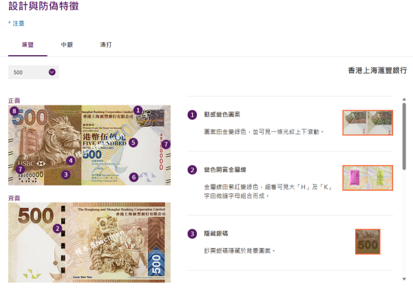 香港2013系列辨別鈔票方法，網上截圖，圖片來源︰香港金融管理局。