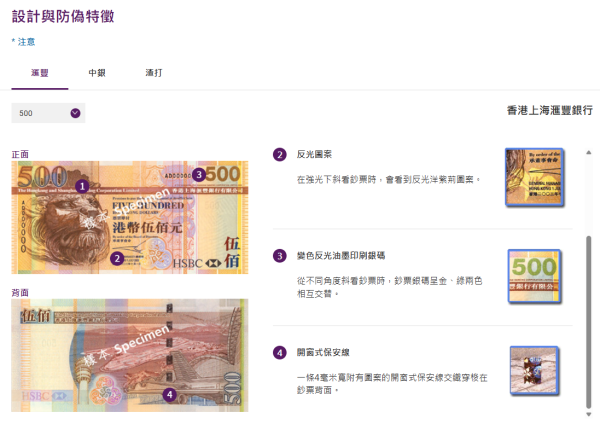 香港2003系列辨別鈔票方法，網上截圖，圖片來源︰香港金融管理局。