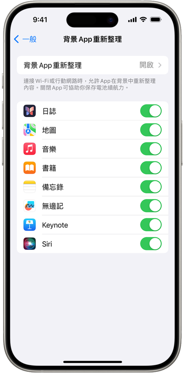 關閉不常用的 App 的背景重新整理可以省電
