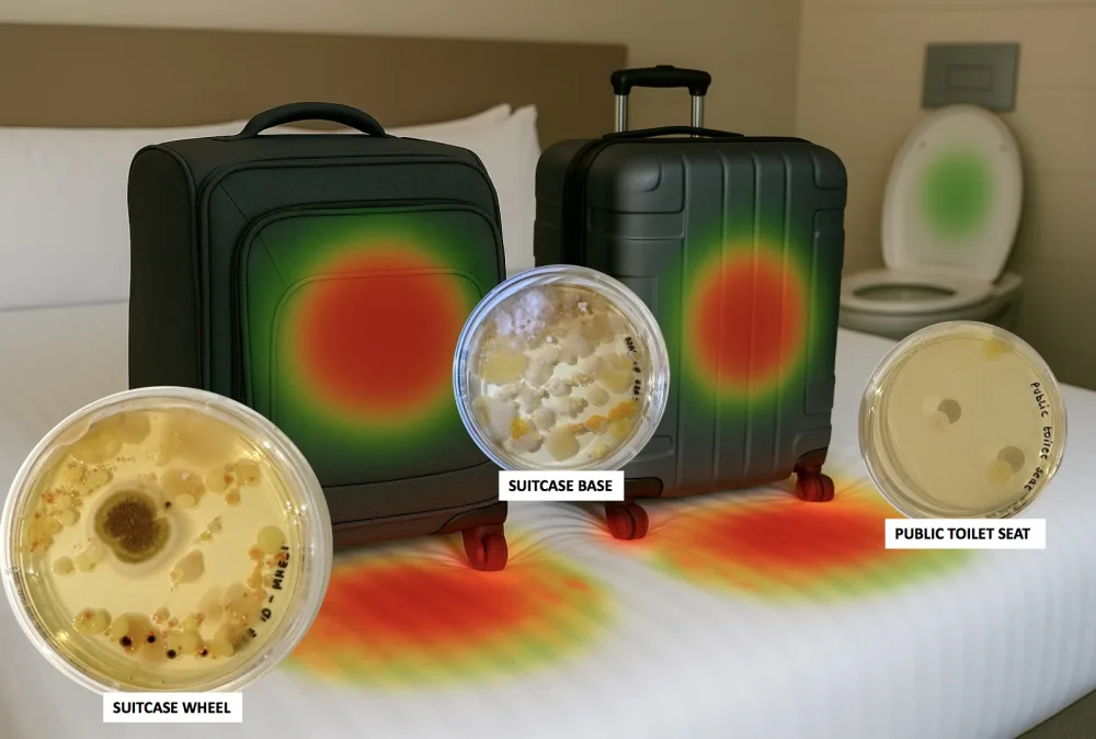 行李箱輪子的細菌數量幾乎是公共馬桶座細菌量的58倍。（圖片來源︰InsureandGo）
