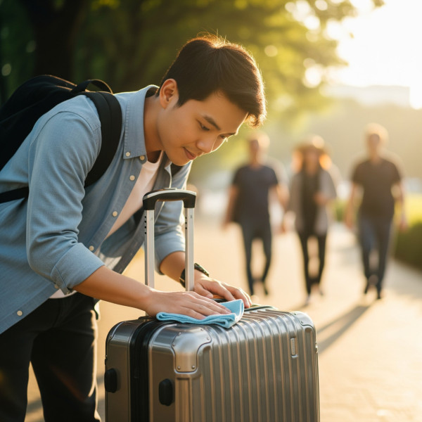 不建議使用酒精擦拭行李轆、行李箱殼及箱子內部。（AI製圖）