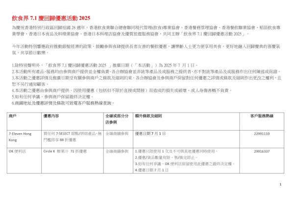 七一餐廳優惠2025名單（截圖︰香港飲食業聯合總會）