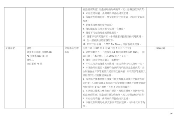 七一餐廳優惠2025名單（截圖︰香港飲食業聯合總會）