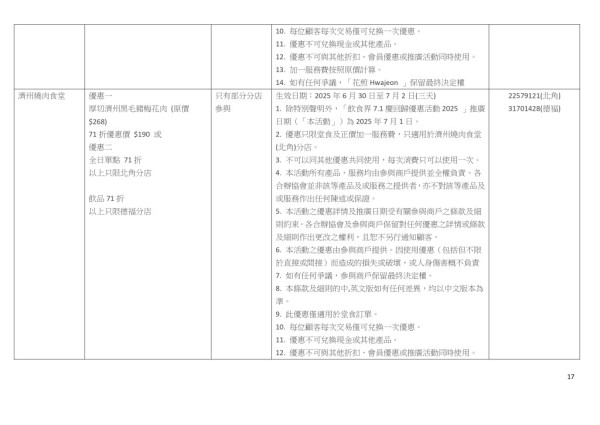 七一餐廳優惠2025名單（截圖︰香港飲食業聯合總會）