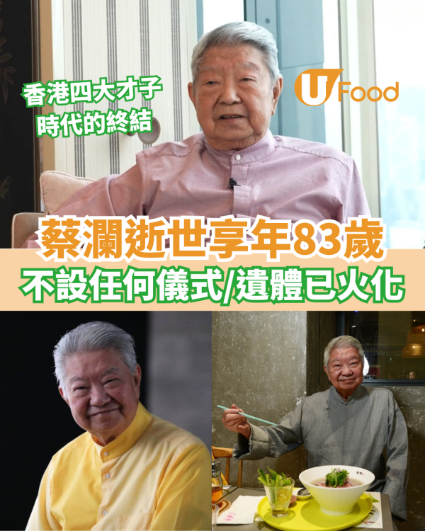 蔡瀾逝世享年83歲 不設任何儀式/遺體已火化
