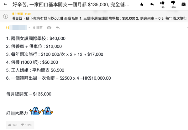一家四口每月開支高達13.5萬！港爸呻經濟壓力爆煲遭網民怒批：中產妄想成為上流
